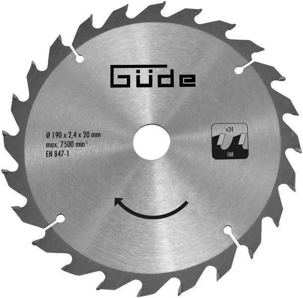 Güde Kreissägeblatt aus Hartmetall, Durchmesser 190 Millimeter, Bohrung 20 Millimeter, 24 Zähne.