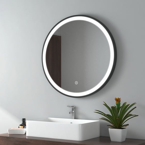 EMKE LED Badspiegel rund Ø70 cm, 3 Farbtemperaturen & Helligkeit einstellbar, Anti-Beschlag, Touch-Schalter, schwarzer Rahmen mit Deko-Aufhängung, IP44, zur Wandmontage, für das Badezimmer geeignet