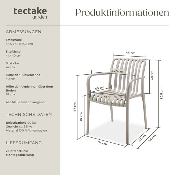 Gartenstühle tectake Alcudia 54,5 x 58 x 80,5 cm, Belastbarkeit 120 kg wetterfest und UV-beständig taupe