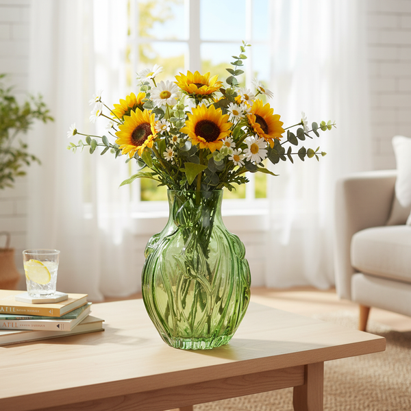 Künstlicher Blumenstrauß aus Sonnenblumen, Gänseblümchen und Eukalyptus in grüner Glasvase auf Holztisch in hellem Wohnzimmer.