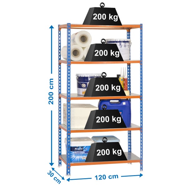 Schwerlastregal BIG METAL SHARK | HxBxT 200x120x30cm | Fachlast 200kg | Blau-Orange