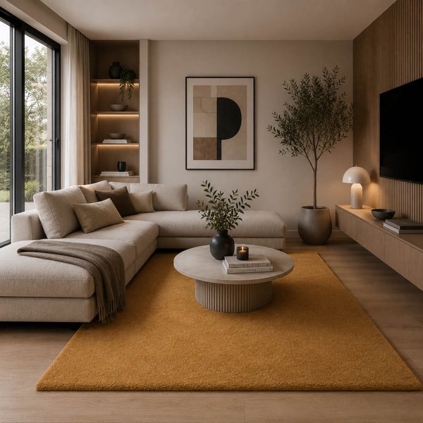 Modernes Wohnzimmer mit beigem Ecksofa, ockerfarbenem Teppich, rundem Couchtisch und Fernsehmöbel aus Holz im minimalistischen Design.