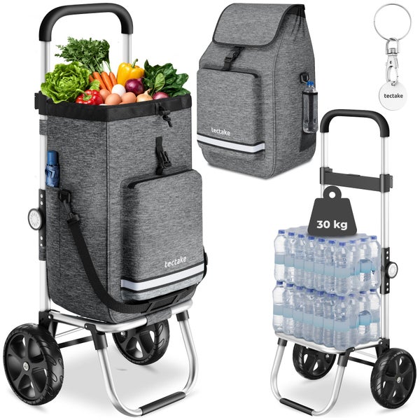 Einkaufstrolley tectake mit abnehmbarer grauer Tasche, Aluminiumgestell, großen Rädern und 30 Kilogramm Tragkraft.