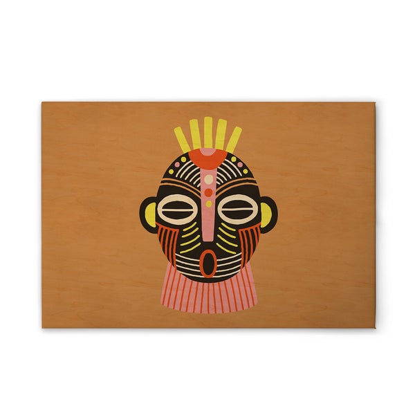 Dekoratives Wandbild mit einem afrikanisch inspirierten Maskenmotiv auf Holz.