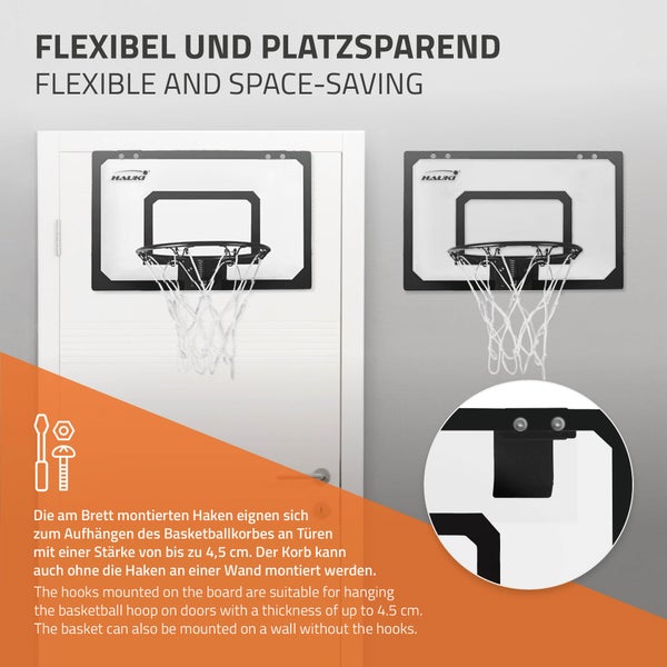 Hauki Mini Basketballkorb fürs Zimmer im Set 3 Bälle Ø16cm, Netz, Pumpe, 58x40 cm, Schwarz, tragbar, Backboard Tür/Wandmontage, ohne Bohren, Indoor Basketball Hoop hängend, Hängebrett Basketballbrett