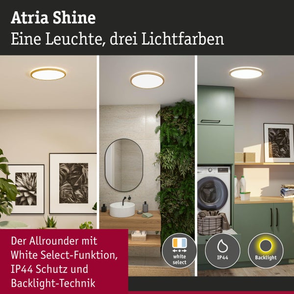 Runde Deckenleuchte Atria Shine mit drei Lichtfarben, IP44 Schutz und Backlight-Technik in verschiedenen Wohnräumen dargestellt.