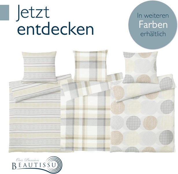 Drei Beautissu Bettwäsche-Sets mit Streifen, Karos und Punkten. Hinweis auf weitere verfügbare Farben. Beautissu Logo.