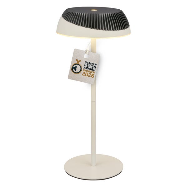Moderne LED-Tischleuchte mit pilzförmigem Schirm und Auszeichnung German Design Award Winner 2026.
