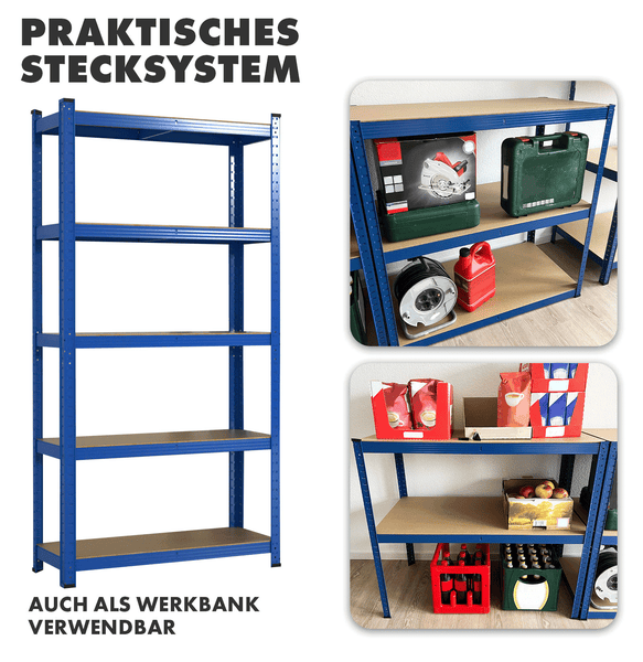 Blaues Schwerlastregal mit Stecksystem, wahlweise als hohes Standregal oder niedrige Werkbank für Werkzeug und Vorräte montierbar.