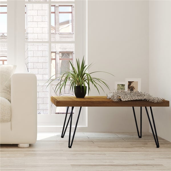 Wohnzimmer mit Holztisch, Zimmerpflanze und Fotos