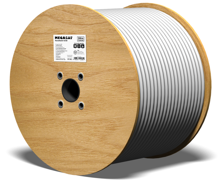 Megasat Koaxialkabel 120 Dezibel auf einer 500 Meter Kabeltrommel aus Holz.