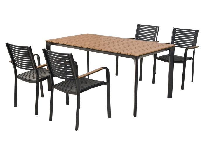 Gartentisch mit vier Gartenstühlen aus Metall und Holz