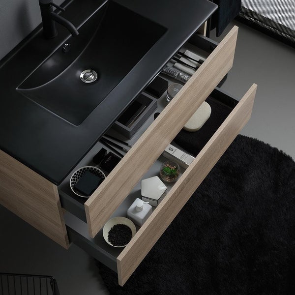 Badezimmerunterschrank mit offen Schubladen und Waschtisch