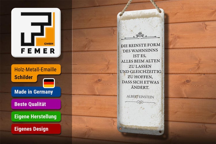 Blechschild Spruch Einstein reinste Form Wahnsinns 10x27cm