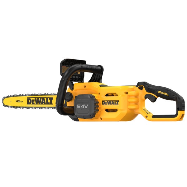 DeWalt Akku-Kettensäge XR Flexvolt, 45 Zentimeter Schwertlänge, 54 Volt bürstenloser Motor, gelb und schwarz.