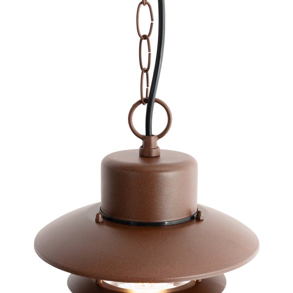 Pendelleuchte aus Metall mit brauner Textur, Kettenaufhängung, zylindrischem Gehäuse und kegelförmigem Schirm.