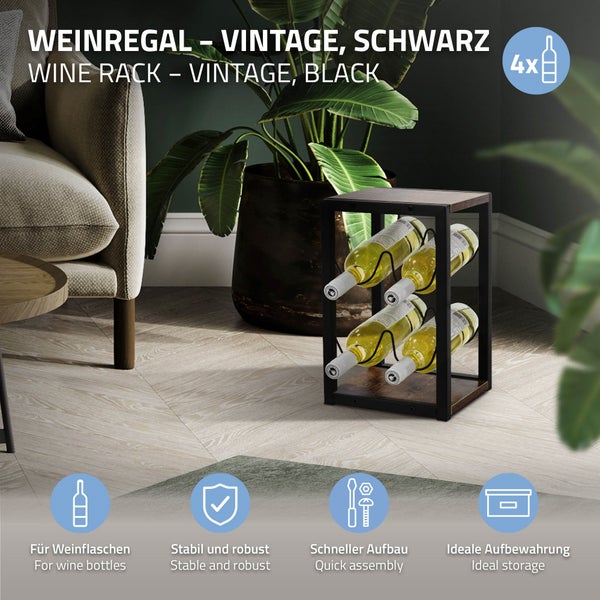 ML-Design Weinregal für 4 Flaschen, 24x21x37,5 cm, Vintage, Freistehendes Flaschenregal aus Holz & Metall, Wein Halter klein, Flaschenhalter Flaschenständer Weinständer Weinschrank Aufbewahrungsregal
