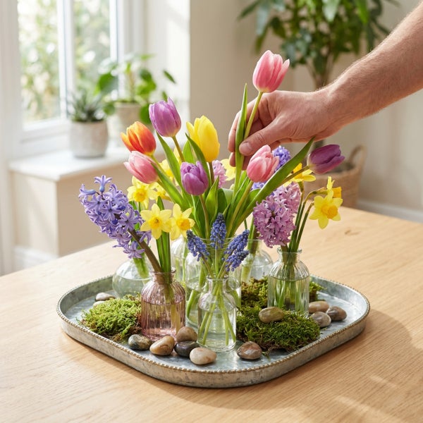 Frühlingsdekoration mit Tulpen, Hyazinthen und Narzissen in Glasvasen auf einem Metalltablett mit Moos und Dekosteinen.