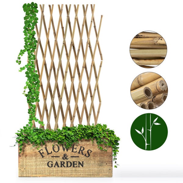 Blumenkasten aus Holz mit Bambus Rankgitter und Pflanzen