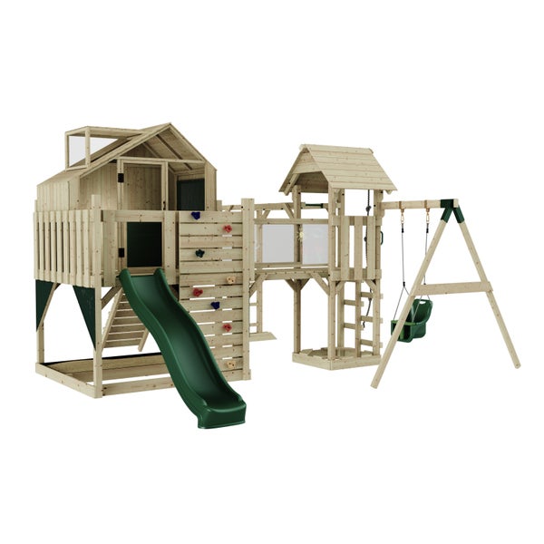 Holzspielplatz mit Rutsche, Schaukel und Kletterwand für den Garten