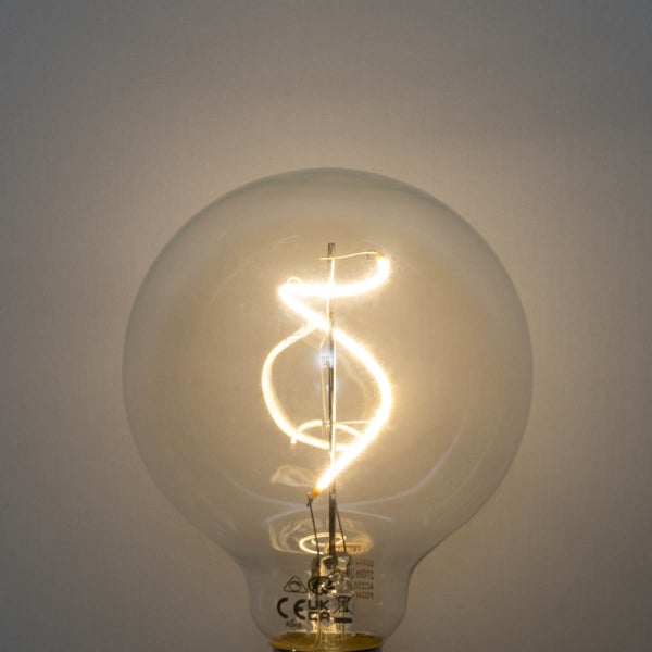 Klare LED-Globelampe mit leuchtendem Spiraldraht.