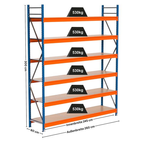 Metallregal mit sechs Regalböden und einer Traglast von 530 Kilogramm pro Ebene