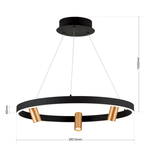 Moderne runde LED Pendelleuchte mit drei verstellbaren Strahlern und Maßangaben in Millimetern.