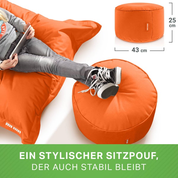 Green Bean Sitzsack-Hocker 45x25cm mit EPS-Perlen Füllung - Fußhocker Fußkissen Sitz-Pouf für Sitzsäcke - Bodenkissen für Kinder und Erwachsene - Fußablage Sitzkissen Sitzhocker Orange