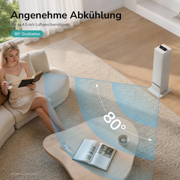 Turmventilator mit 80 Grad Oszillation und 4,5 Meter pro Sekunde Luftgeschwindigkeit in einem hellen Wohnzimmer mit lesender Person.