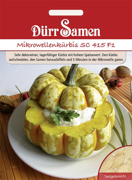 Samentüte für Mikrowellenkürbis SC 415 F1 von Dürr Samen mit Abbildung eines gefüllten Kürbisses auf einem Teller und Dürr Samen Logo.