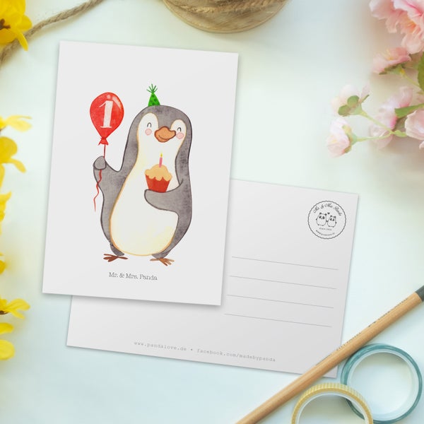 Mr. & Mrs. Panda Postkarte 1. Geburtstag Pinguin Luftballon - Weiß