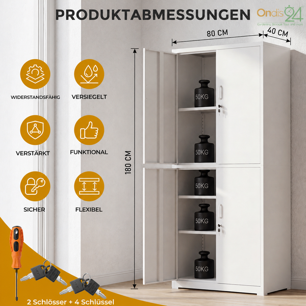 Metallschrank mit zwei abschließbaren Türen. Maße 180 mal 80 mal 40 Zentimeter. Traglast 50 Kilogramm pro Boden. Sicher und robust. Ondis24 Logo.