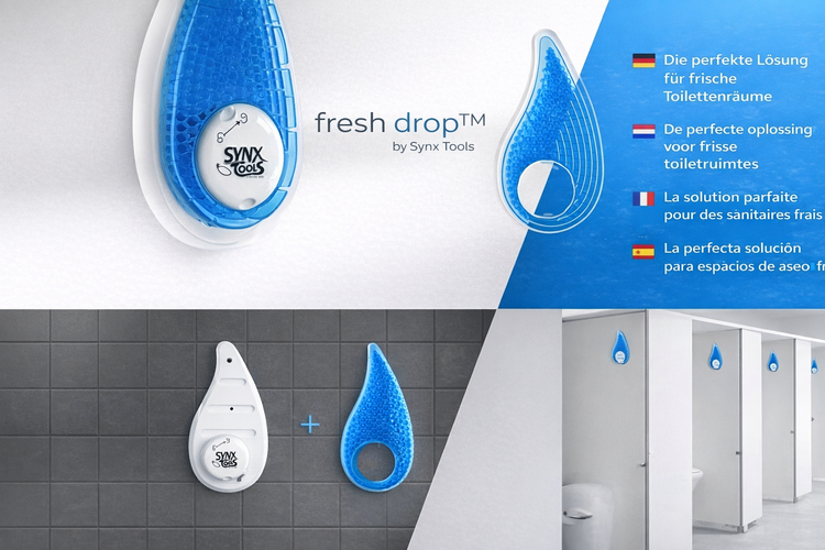 Synx Tools fresh drop Lufterfrischer für Toiletten, tropfenförmiger blauer Einsatz mit Wandhalterung und Anwendungsbeispiel in Toilettenkabinen.