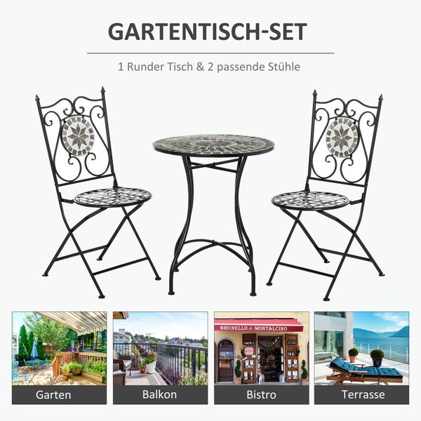 Gartentisch-Set bestehend aus einem runden Mosaiktisch und zwei klappbaren Stühlen aus Metall für Garten, Balkon und Terrasse.