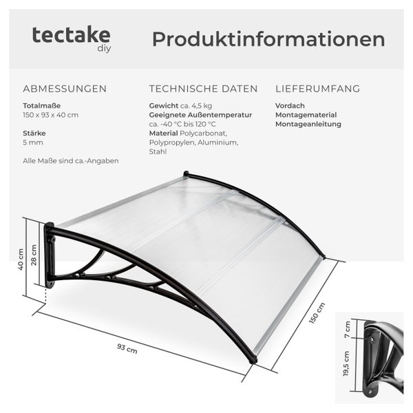 Vordach tectake  150 x 93 cm in Bogenform transparent