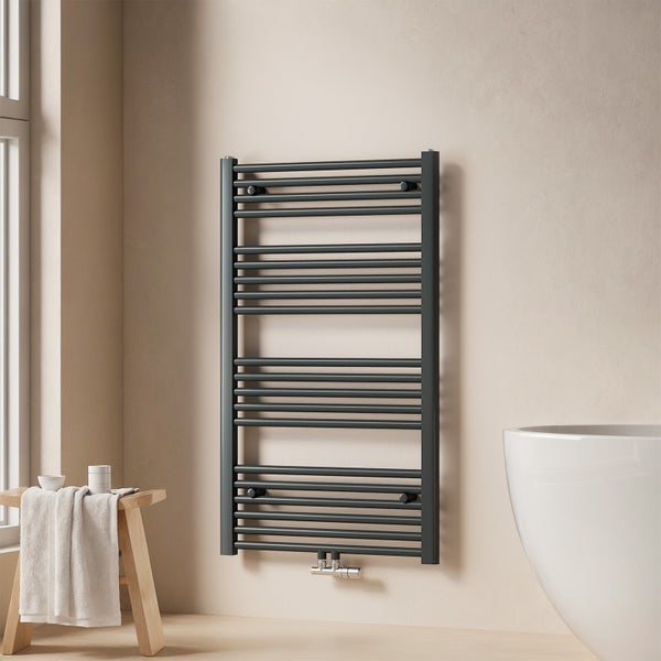 EMKE Badheizkörper Handtuchheizkörper 100x60 cm, Wasserbetrieb, Mittelanschluss, 498W, Rundrohr-Design, Anthrazit, für Badezimmer