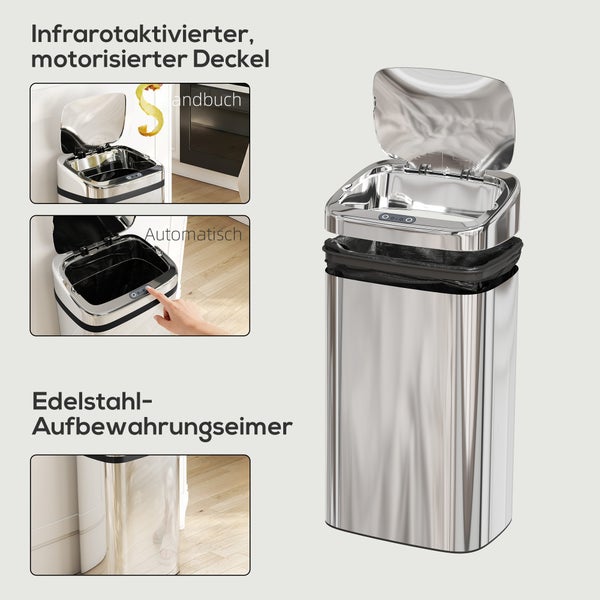 Sensor Abfalleimer aus Edelstahl mit Infrarot Sensor und motorisiertem Deckel für automatische Öffnung in einer modernen Küche.
