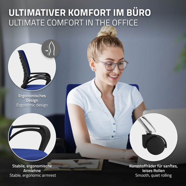 ML-Design Bürostuhl ergonomisch, Blau, Höhenverstellbarer Schreibtischstuhl mit Armlehnen, Computerstuhl mit atmungsaktiver Netzbespannung, Wippfunktion, 360° Drehstuhl mit Rollen, Gaming Stuhl