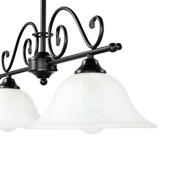 Hängelampe mit drei Leuchten und Lampenschirmen aus Glas