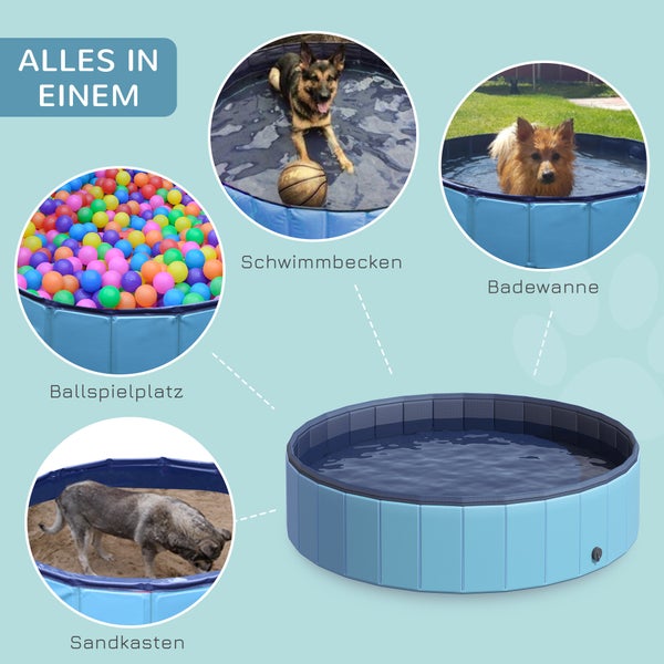 PawHut Hundebadewanne faltbar Badewanne Hundepool Plantschbecken Swimmingpool Wasserbecken für Hunde und Katzen Schwimmbecken Kunststoff+Holz Blau Ø140 x H30 cm