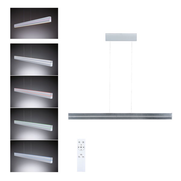 LED-Pendelleuchte, linear, mit Fernbedienung und Farbwechselfunktion.