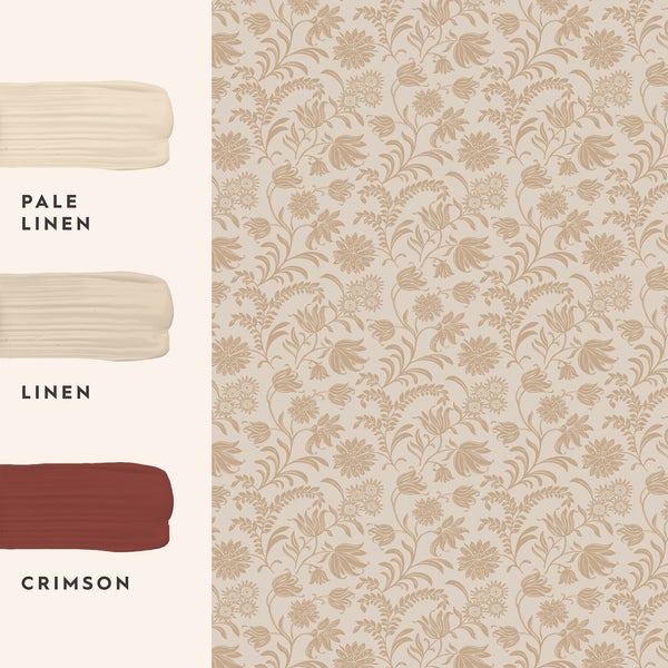 Blumentapete mit floralem Muster und Farbmustern für Pale Linen, Linen und Crimson.
