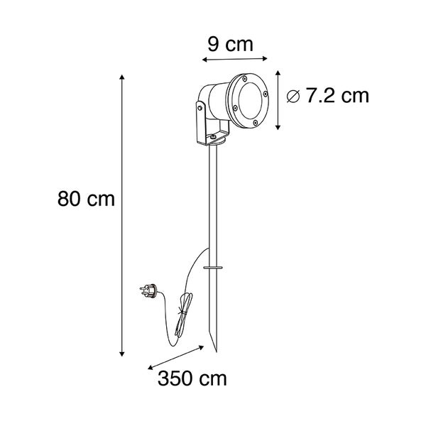 Technische Zeichnung Gartenstrahler mit Erdspieß. Maße: Höhe 80 Zentimeter, Tiefe 9 Zentimeter, Durchmesser 7,2 Zentimeter, Kabellänge 350 Zentimeter.
