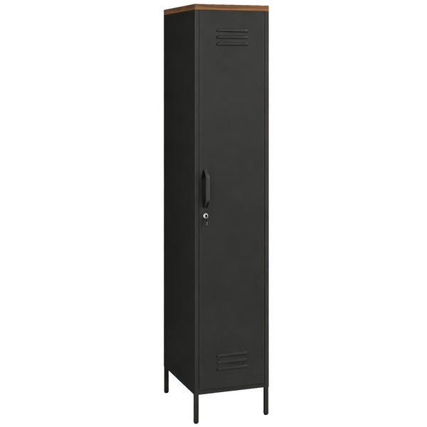 Hoher Spindschrank aus Metall mit Holzelement oben, abschließbare Tür mit Belüftungsschlitzen und Griff, auf schlanken Standfüßen stehend.