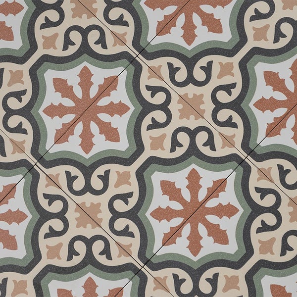 Wandfliese oder Bodenfliese mit mediterranem Ornamentmuster im Vintage Stil für den Innenbereich