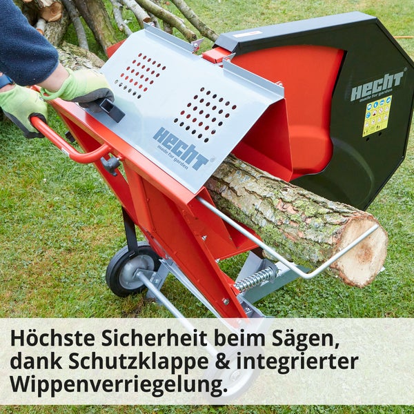 Brennholzsäge mit Schutzvorrichtung und Holzstamm