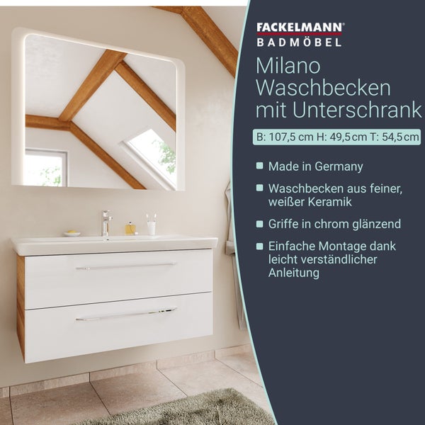 FACKELMANN MILANO Badmöbel Set 2 Teile – Waschtisch mit Unterschrank fürs Bad – Waschbeckenunterschrank mit Schubladen in Weiß mit Holz braun – Badschrank hängend – 100 cm breit