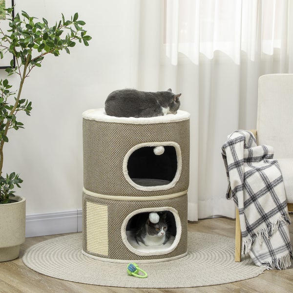 PawHut Kratztonne, 69 cm hoch Katzentonne mit 2 Höhle, Kratzbaum mit Spielbällen, Katzenturm aus Sisal, für Katze bis 6 kg, Kaffeebraun+Cremeweiß