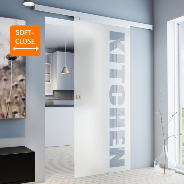 Schiebetür Glastür Komplettset Zimmertür Glasschiebetür KITCHEN 880x2035 - Quadratgriff+2seitiger Softclose