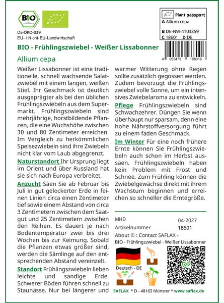 SAFLAX Garden to go - BIO - Frühlingszwiebel - Weißer Lissabonner - Allium cepa - 150 Samen - Mit Topf, Klima - Deckel und Anzuchtsubstrat